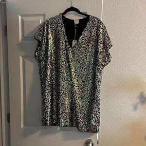 Sequin V-Neck Top - Silver
